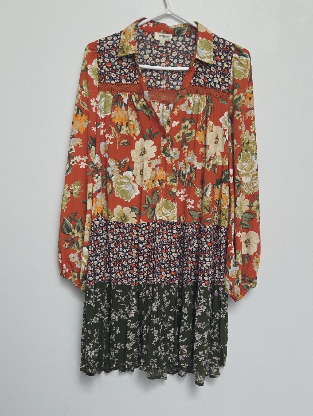 UMGEE Babydoll Teir Dress Rust Peasant Top Tunic Boho Floral Paisley Tiered Sz M